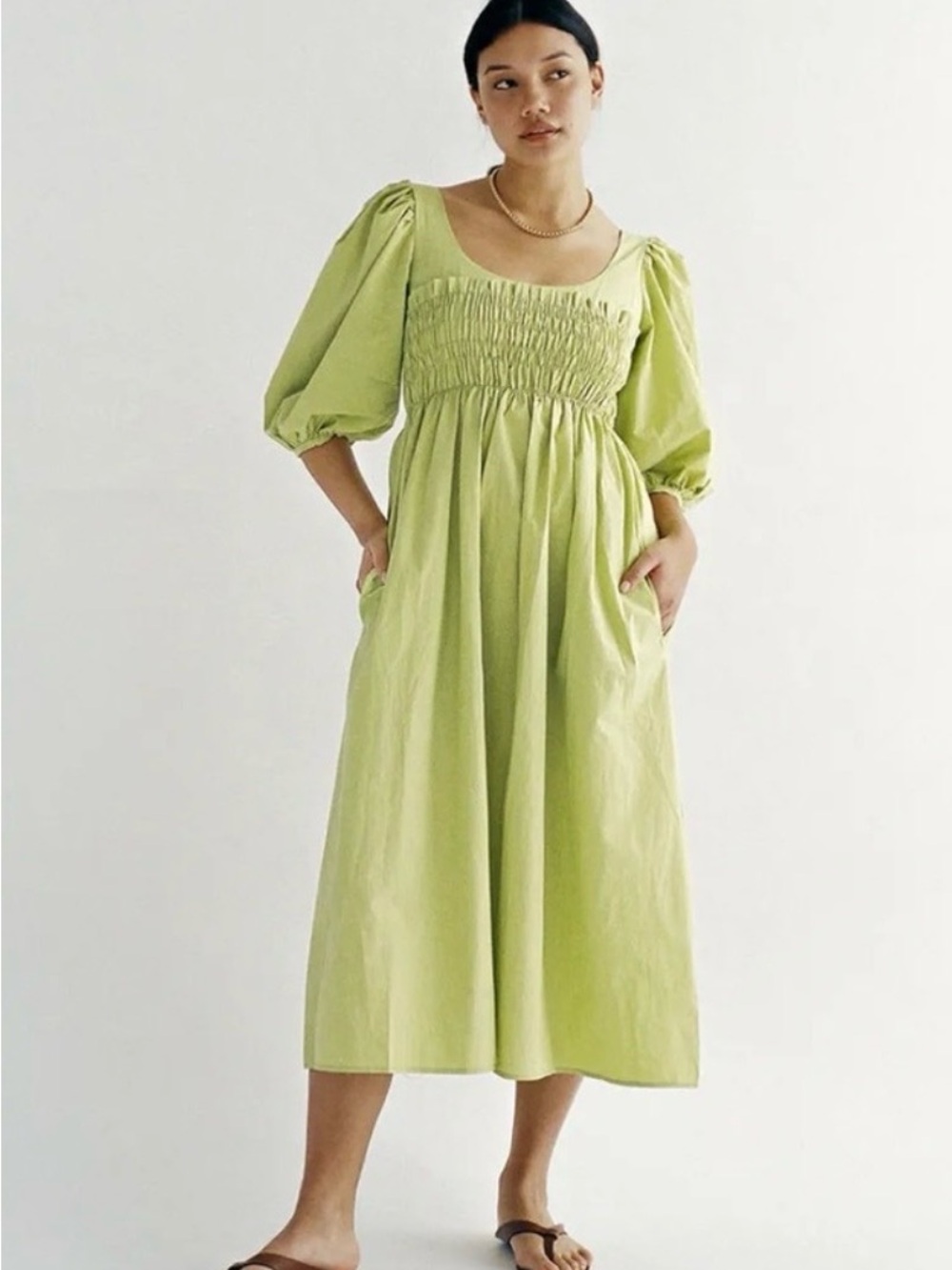 Ciao Lucia Pistachio Smocked Puff-Sleeve Midi Dress